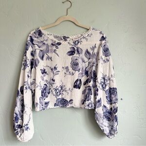 Laura Ashley Blue Floral‎ Crop Coquette Garden Girl Blouse Linen Blend Small NWT